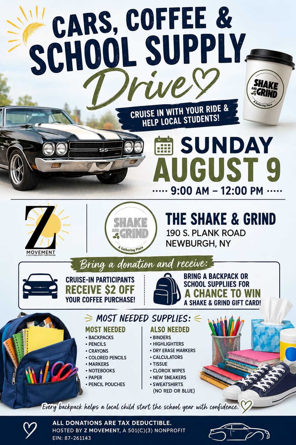 Cars, Coffee, and School Supply Drive 
